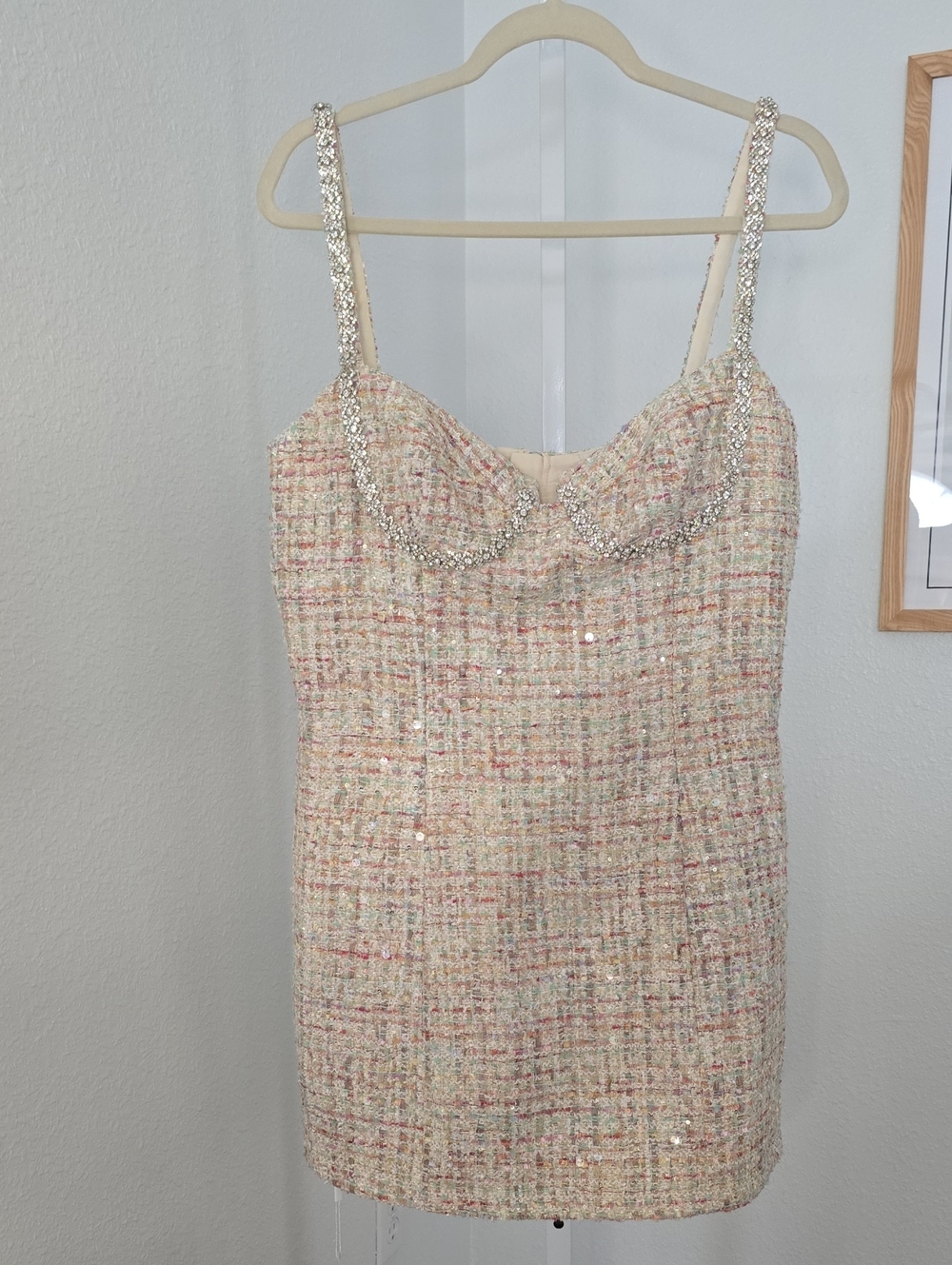 Self-Portrait Cream Tweed Mini Dress with Rhinestone Straps